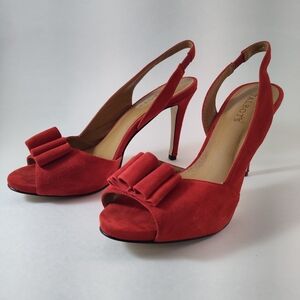 Talbots Red Suede Genuine Real Leather Open Toe Sling Back High Heels Size 9B
